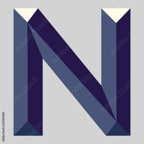 Blue 3d render bevelled letter N isolated on grey background. Bevel alphabet abc vector illustration.