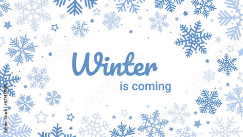 Winter or Christmas background with stars and snowflakes. Snowfall. For wallpaper, packaging, banner, cover, wedding invitation, christmas greeting card 