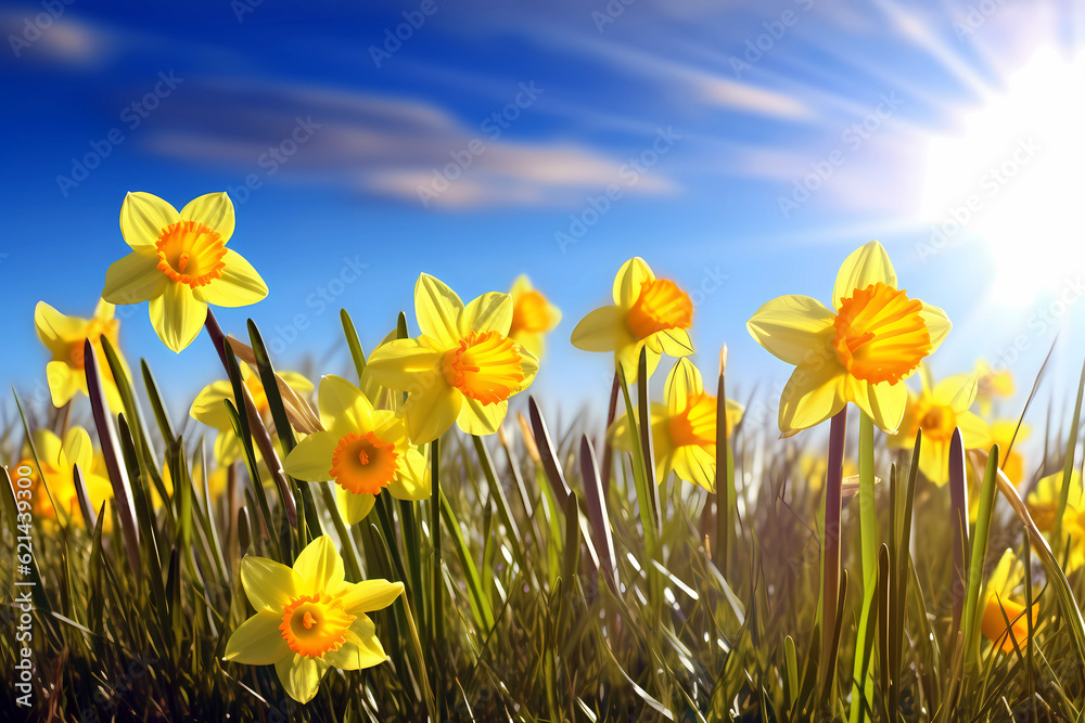 Obraz premium Yellow daffodils on a green meadow with blue sky, spring background