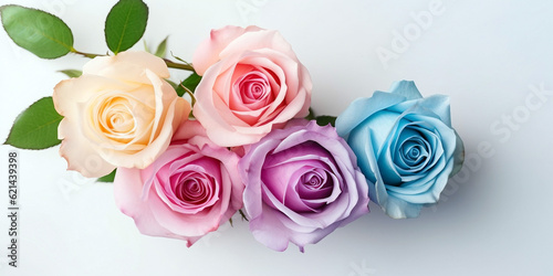 Bouquet of white  blue and pink roses on white background with copy space