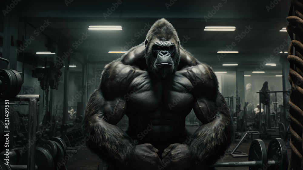 Gorilla as muscular fitness instructor in a gym.ai generated
