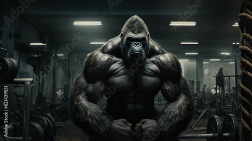 Gorilla as muscular fitness instructor in a gym.ai generated 