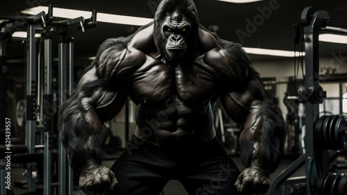 Gorilla as muscular fitness instructor in a gym.ai generated  © Montana Photo&Design