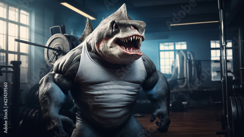 Shark as muscular fitness instructor in a gym.ai generated 
