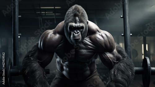 Gorilla as muscular fitness instructor in a gym.ai generated 