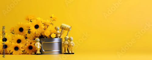 Bouquet of yellow daffodils in a vase on a yellow background