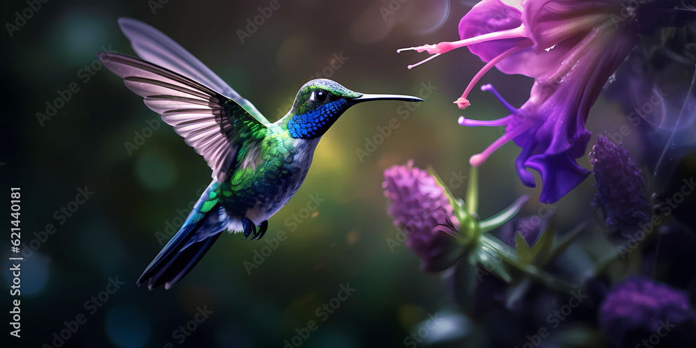 Hummingbird in flight with a purple flower Hummingbird in flight with a purple flower