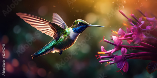 Hummingbird in flight with a purple flower © ardanz