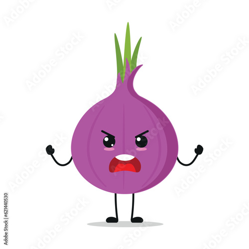 Cute Furious red onion character. Funny emotional red onion cartoon flat style