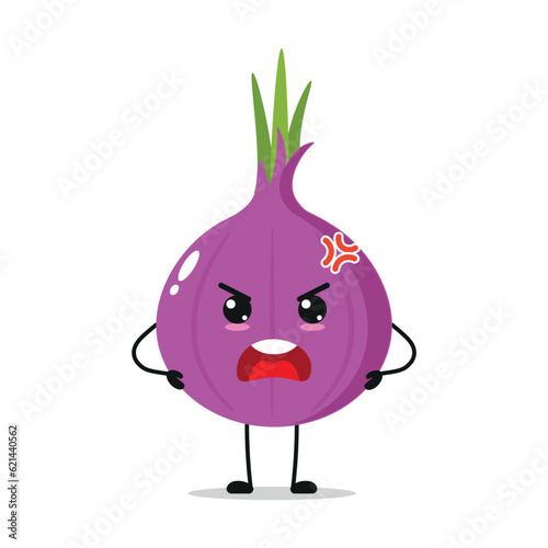 Cute Angry red onion character. Funny  mad red onion cartoon emoticon in flat style.