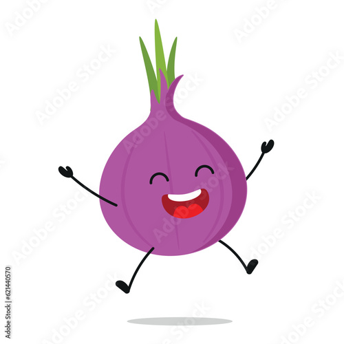 Happy Jumping red onion character. Funny victory winning red onion cartoon emoticon in flat style.