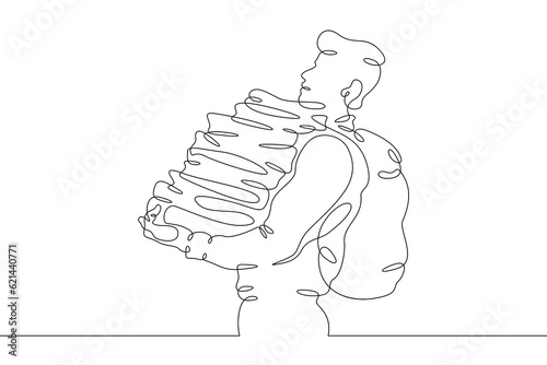 The student carries many books. Pupil with a stack of textbooks. Man with documents.Education. Linear.One continuous line drawn isolated, white background.