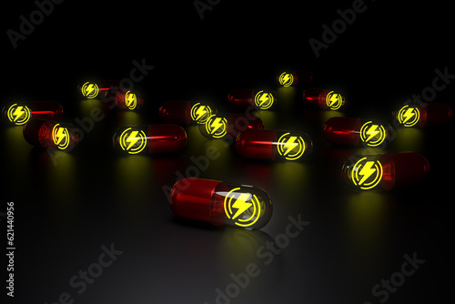 Energy booster capsule pills on black background. 3D render.