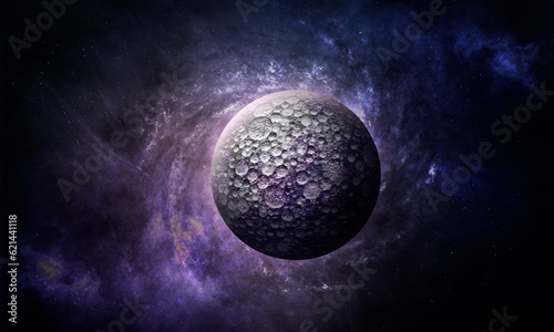 beautiful stone planet in purple tones against the background of space and stars, milky way and nebula, abstract cosmic 3d illustration, background