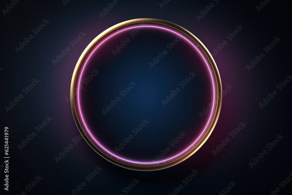 Neon blue pink round frame ring, circle shape glowing light with dark background. 80's retro style, copy space Neon blue pink round frame ring, circle shape glowing light with dark background. 80's retro style, copy space