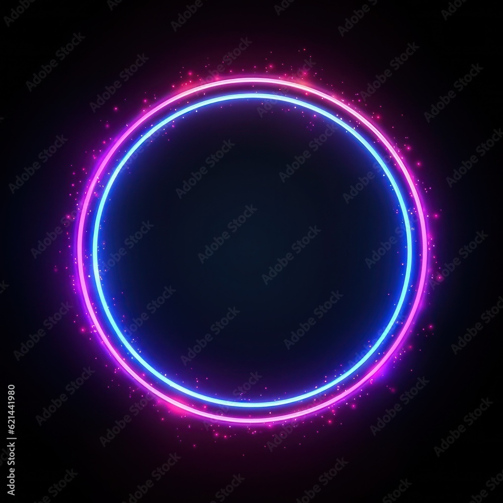 Neon blue pink round frame ring, circle shape glowing light with dark background. 80's retro style, copy space Neon blue pink round frame ring, circle shape glowing light with dark background. 80's retro style, copy space