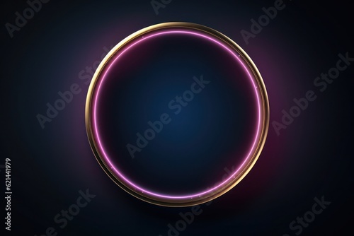 Neon blue pink round frame ring, circle shape glowing light with dark background. 80's retro style, copy space