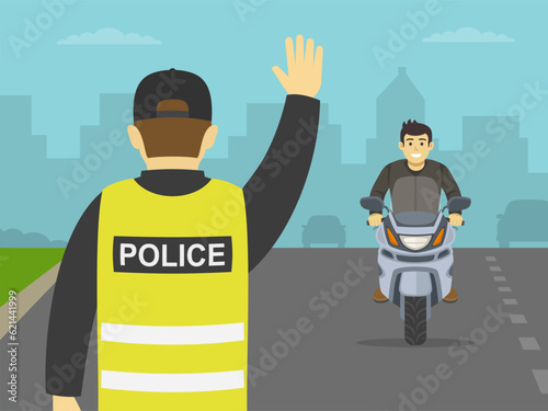 Close-up view of a patrol officer makes a stop gesture with his hand. Police stops the male motorcycle rider without helmet on road. Flat vector illustration template.
