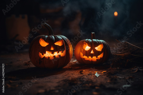 Anthropomorphic pumpkin face with spooky illumination for Halloween celebration.