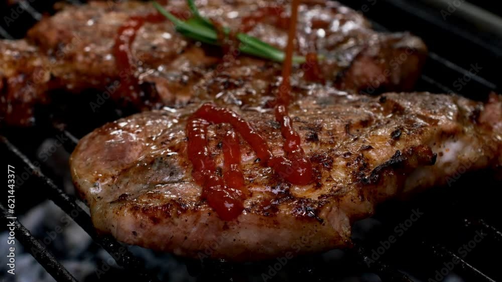 Grilling juicy pork steak on heat of barbecue grid and watering with ketchup. Grilling juicy pork steak on heat of barbecue grid and watering with ketchup.