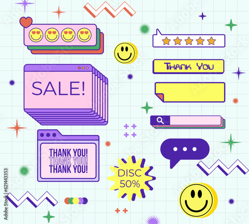 Sale. Thank You, Promo Illustration Vector aesthetic design Computer pop up web banner Retro trendy sticker smile editable.