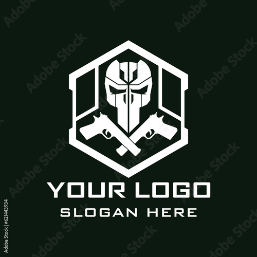 Tactical military Skull design armory squadrone team in shield with gun rifle weapon logo template