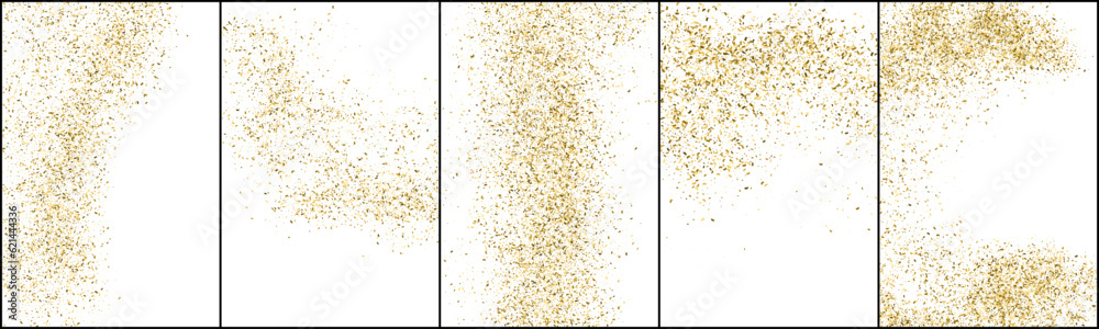 Set of Gold Glitter Texture Isolated On White. Amber Particles Color. Stardust Background. Golden Explosion Of Confetti. Vector Illustration, Eps 10.