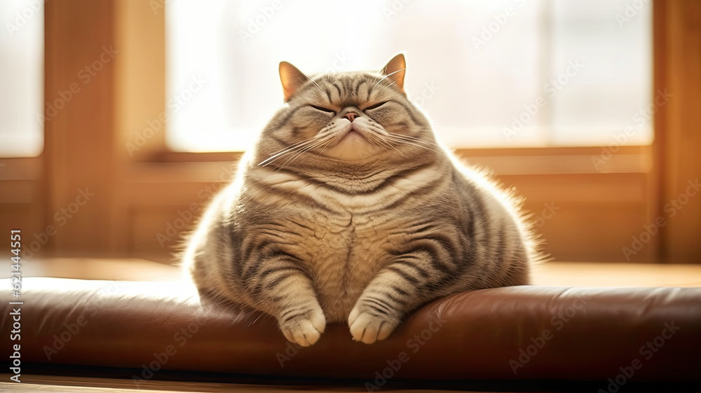 A lazy chubby funny fat cat, obese,overweight pet looking angry at camera copy space, medical health concept animals