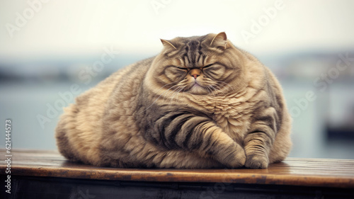 A lazy chubby funny fat cat, obese,overweight pet looking angry at camera copy space, medical health concept animals