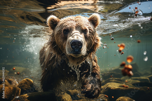 brown bear catching a trout under water , underwater view photo