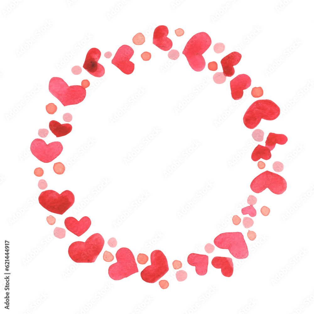 Red and pink hearts with bubble wreath watercolor illustration for decoration on wedding event and Valentine's festival.
