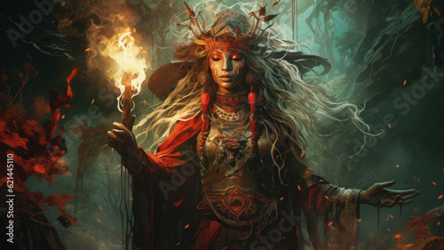 shaman woman in the forest performs a ritual