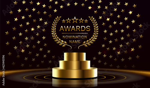 Awards nomination name podium, golden prize event, scene star ceremony. Vector