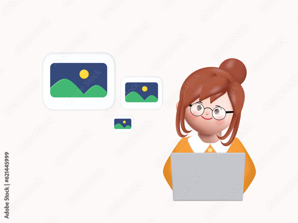 3D woman AI chat bot on computer generate images on big cloud. Concept Artificial intelligence application services. 3D vector rendering. 3D woman AI chat bot on computer generate images on big cloud. Concept Artificial intelligence application services. 3D vector rendering.