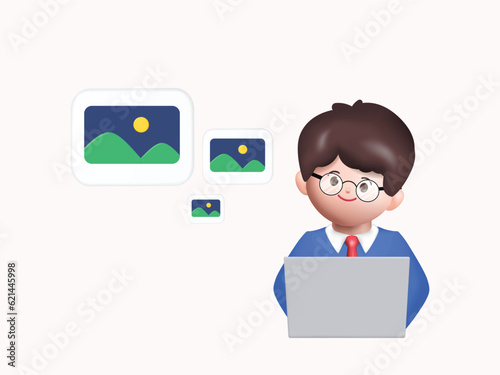 3D man AI chat bot on computer generate images on big cloud. Concept Artificial intelligence application services. 3D vector rendering.
