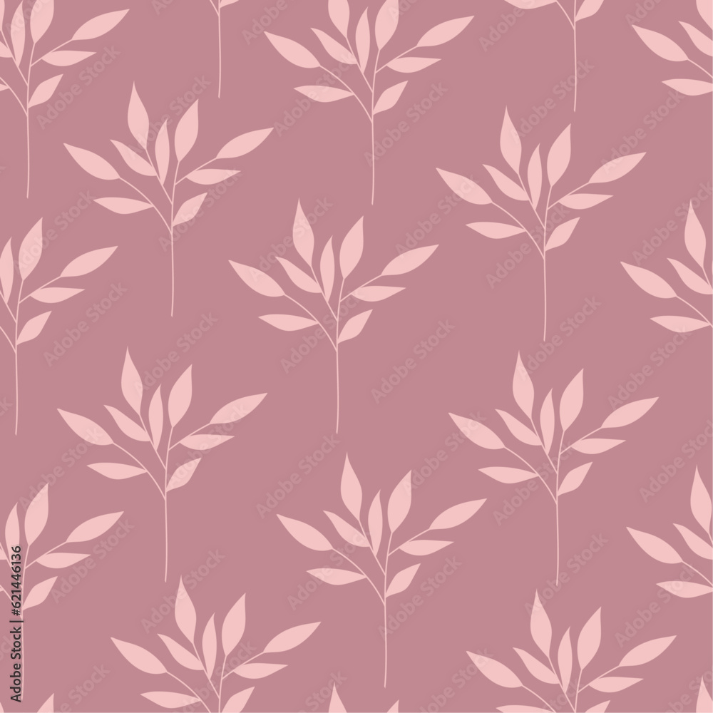 Fototapeta premium Monochrome botanical background. Pink leaf silhouette in a simple flat style. Abstract seamless pattern. Hand-drawn organic branches and leaves. Vector design.