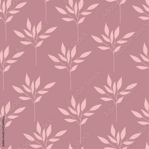 Monochrome botanical background. Pink leaf silhouette in a simple flat style. Abstract seamless pattern. Hand-drawn organic branches and leaves. Vector design.