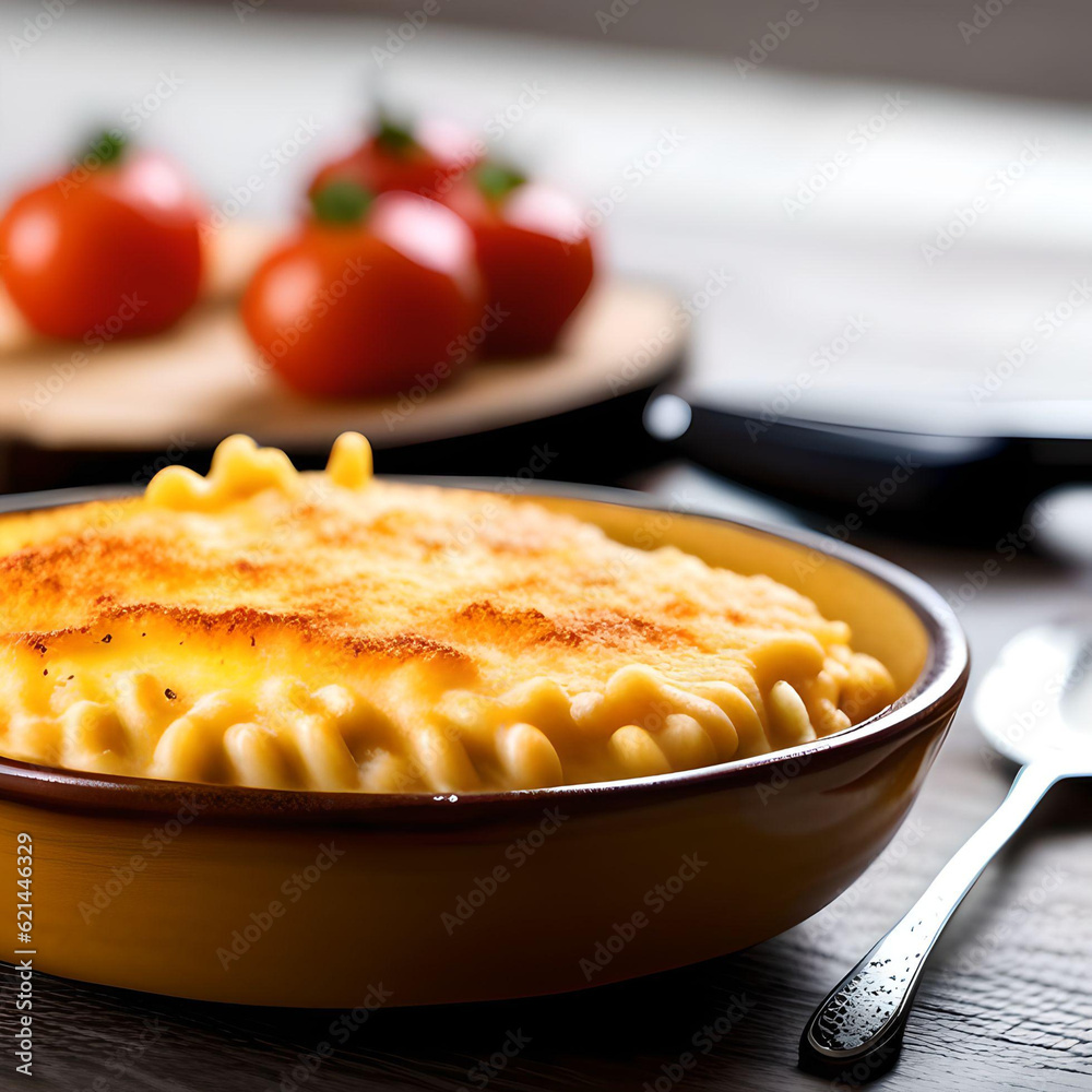 Baked Mac and Cheese Dish on a Countertop With a Spoon Baked Mac and Cheese Dish on a Countertop With a Spoon