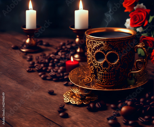 catrina candle , coffee cup,  over dia de muertos atmosphere, mexican tradition mood, photo style selective focus, Generative Ai photo