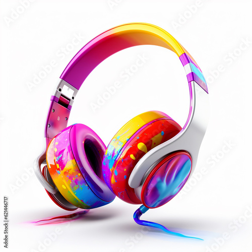 Colored splashes headphone. Colored splashes paint headphone in 3d render