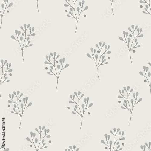 Monochrome botanical background. Green leaf silhouette in a simple flat style. Abstract seamless pattern. Hand drawn organic branches and leaves. Vector design.