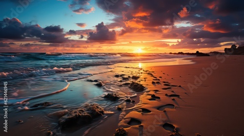 Footprints to Sunset Tranquil Beach Scene with Setting Sun