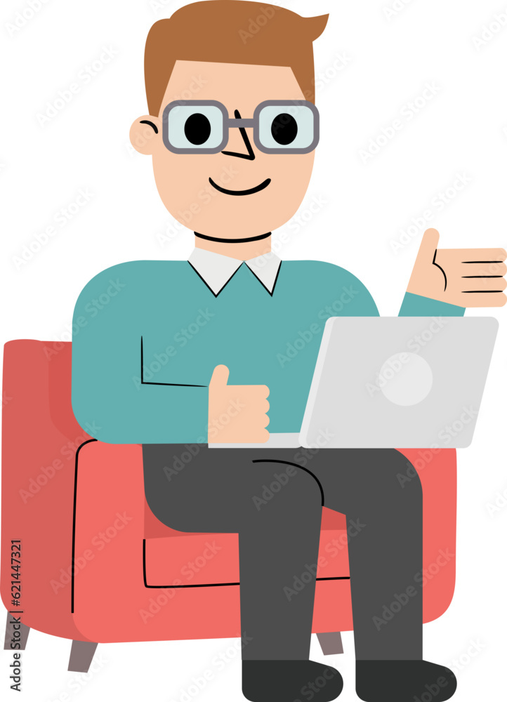 Businessman Sitting Working with Laptop on Sofa Flat Illustration