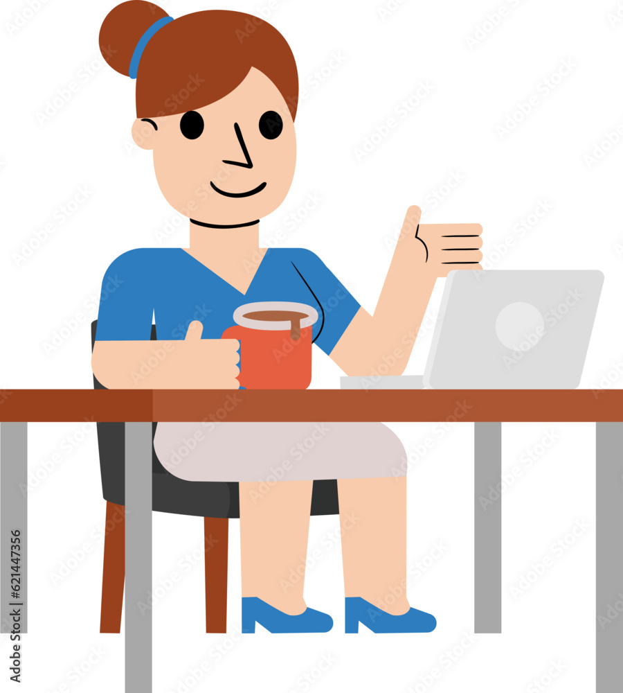 Woman Working with Computer Flat Illustration