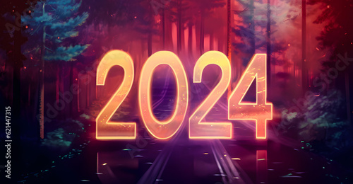 Happy New Year 2024. Beautiful new city holiday background with fireworks, text effect, and neon color forest for the new year 2024. Generative AI.