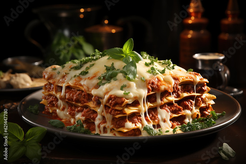 Delicious cheesy lasagna in restaurant