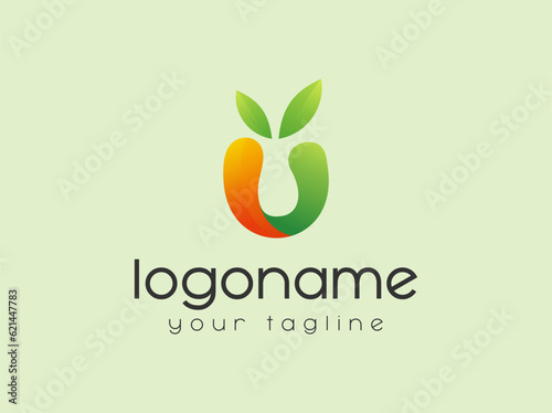 Letter U with fresh leaf gradient logo design vector