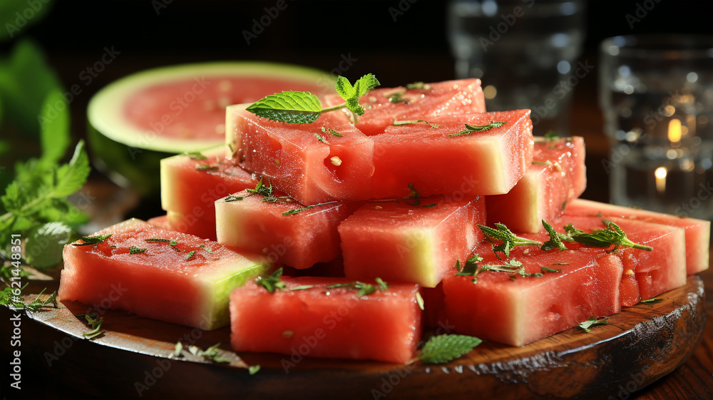 Gourmet and Green: Juicy Watermelon Slices Complementing the Restaurant's Chic Interior Design