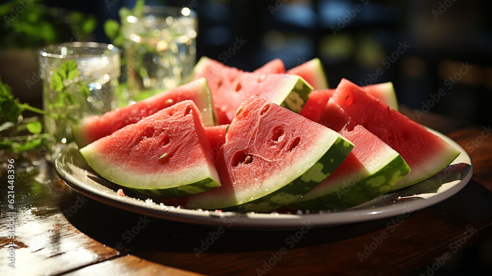 Dining Delicacy: Juicy Watermelon Slices Highlighted in the Heart of Restaurant Décor