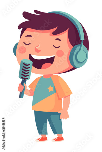 Smiling child musician singing with microphone